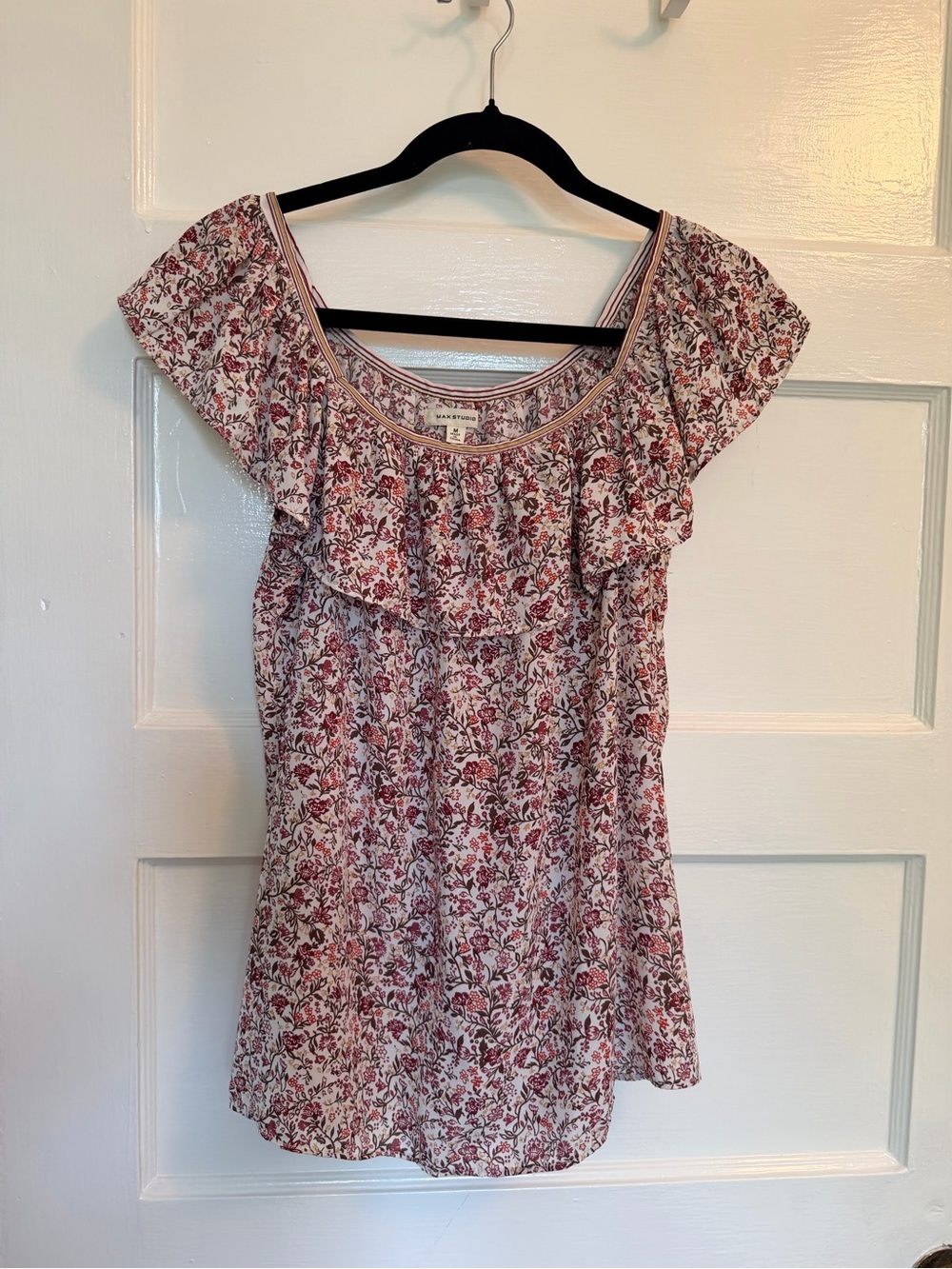 Max Studio Pink Floral Ruffle-Neck Blouse